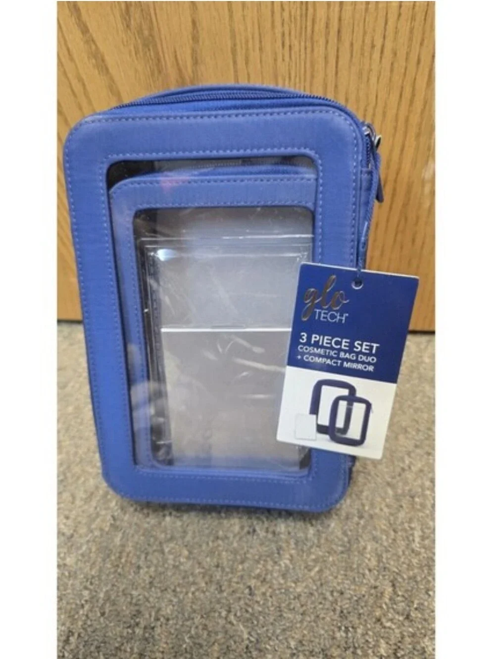 GloTech 3-Piece Navy Blue Cosmetic Travel Bag Set with Handle Compact Mirror New
